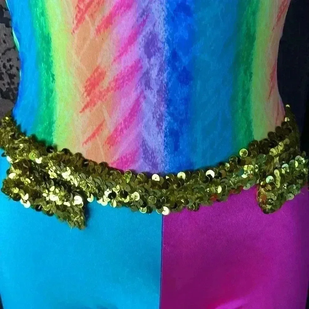 Vintage Rainbow Halter Neck Bell Bottom Flare Leg Jumpsuit Dance Costume 80s 90s - Picture 3 of 9